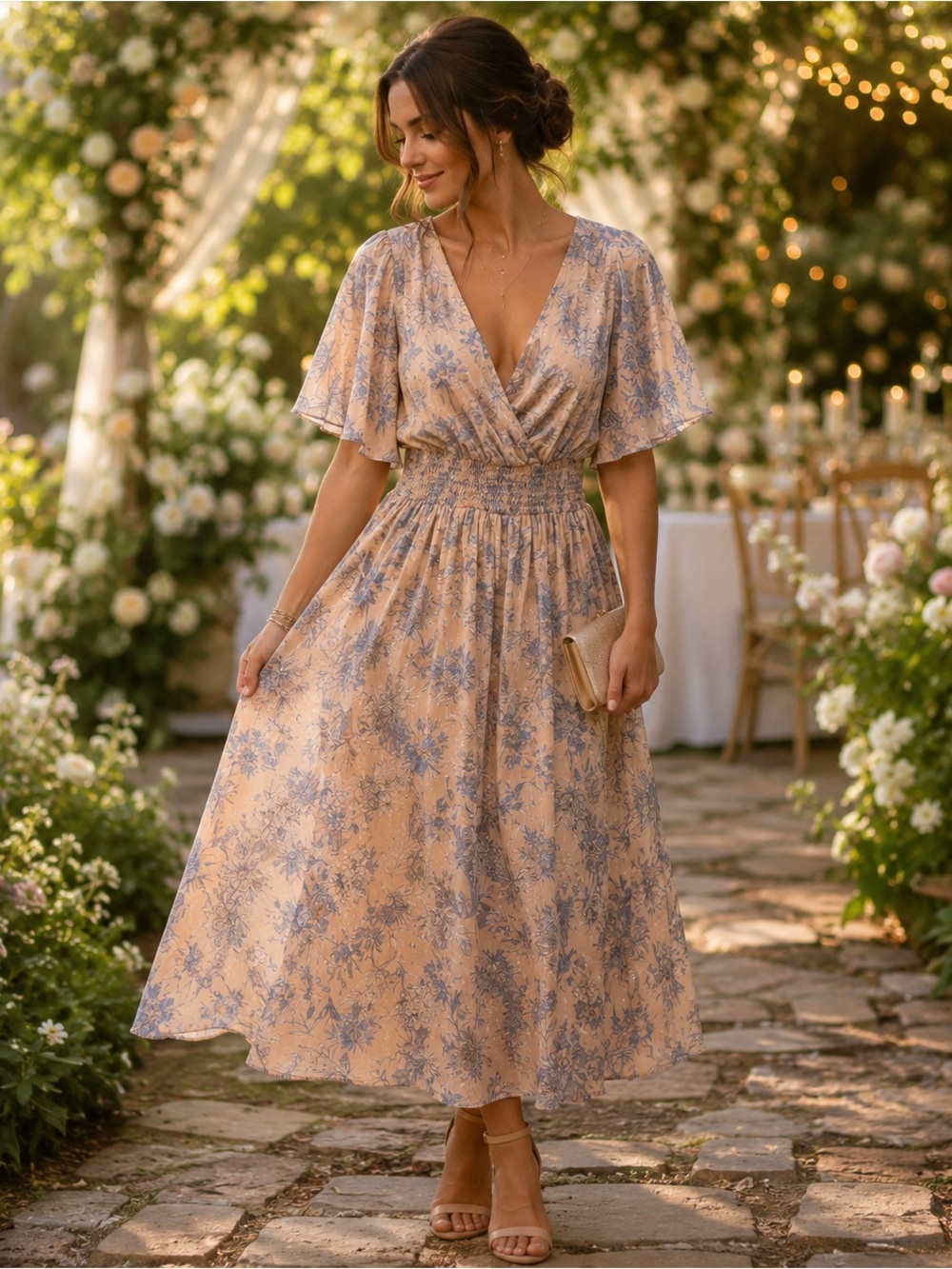 Lulu’s NWT Floral V-Neck Flutter Sleeve Midi Dress Large Wedding *Medium Fit*